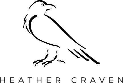 An artistic outline of a raven centered over the name Heather Craven